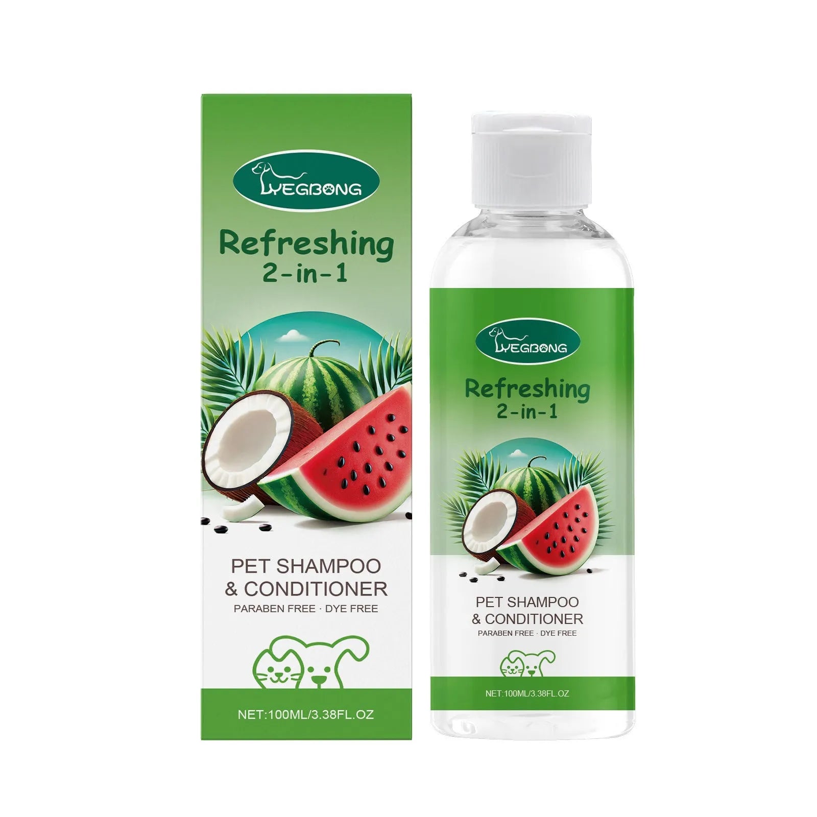 100ml bottle of pet 2-in-1 shampoo and fragrance shower gel with watermelon and coconut extract.