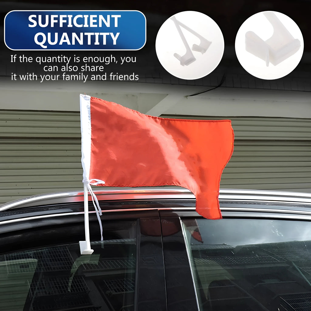 Ten white plastic car window flag pole clip mounts laid out on a surface.