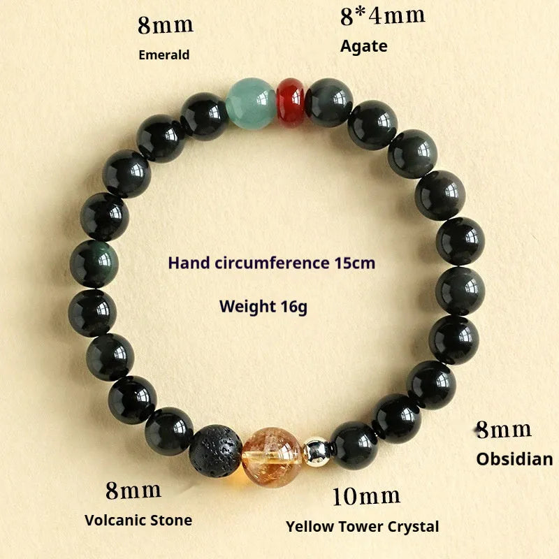 Chinese style obsidian and agate couple bracelet with yellow tower crystal and jade beads.