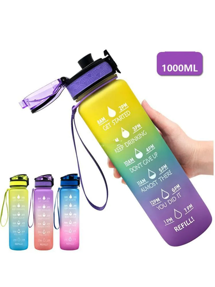 Clear 1000ml Tritan sports water bottle with infuser inside, showing measurement scale.