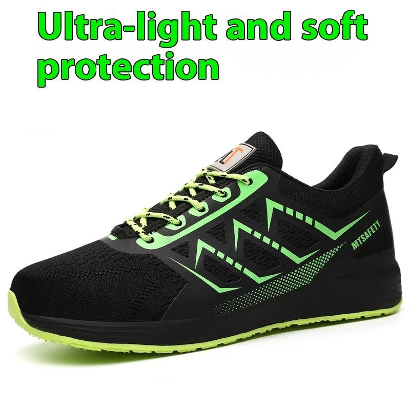 Black lace-up safety shoes with flat knitted uppers and a rubber sole, featuring a steel toe cap.