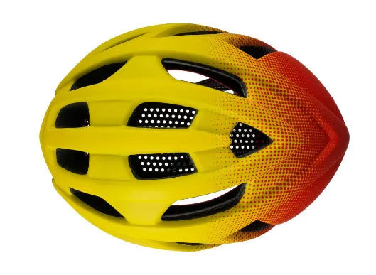 Orange lightweight bicycle helmet for road and mountain biking, showing ventilation holes.
