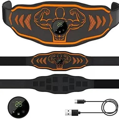 Blue and orange rechargeable EMS fitness massage belts with host units and arm stickers.