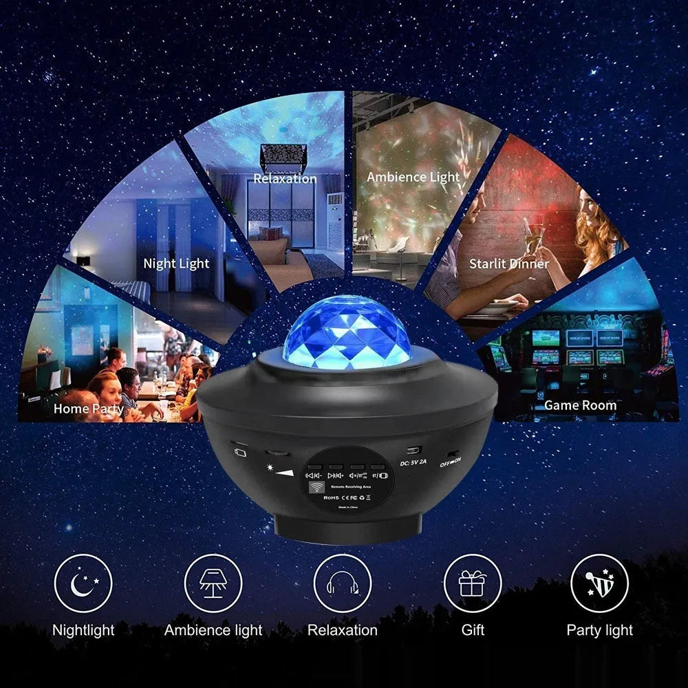 Small black bowl-shaped starry sky projection lamp with rotating water ripple laser effects on desk