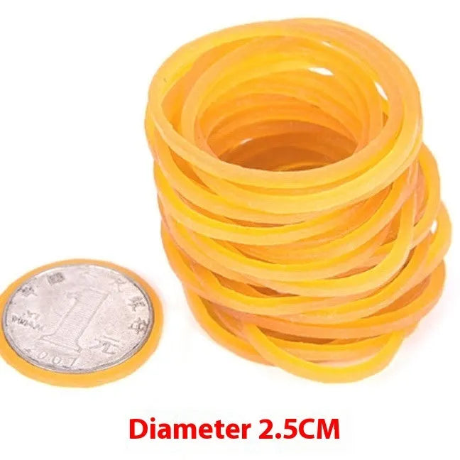 Yellow rubber bands in mixed sizes from 25mm to 70mm diameter in a 500g bulk pack