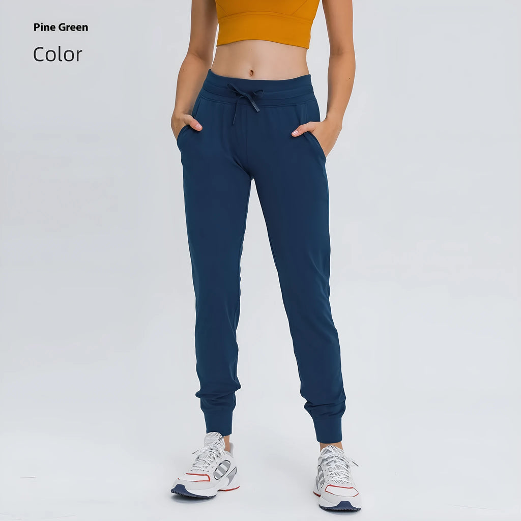 Women's high waist yoga pants with drawstring waistband in quick-drying elastic fabric