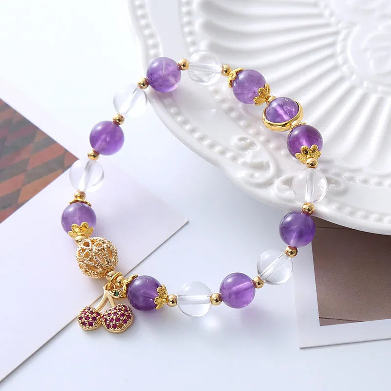 Purple crystal bracelet with a micro-inlaid cherry flower design, sweet style for women.