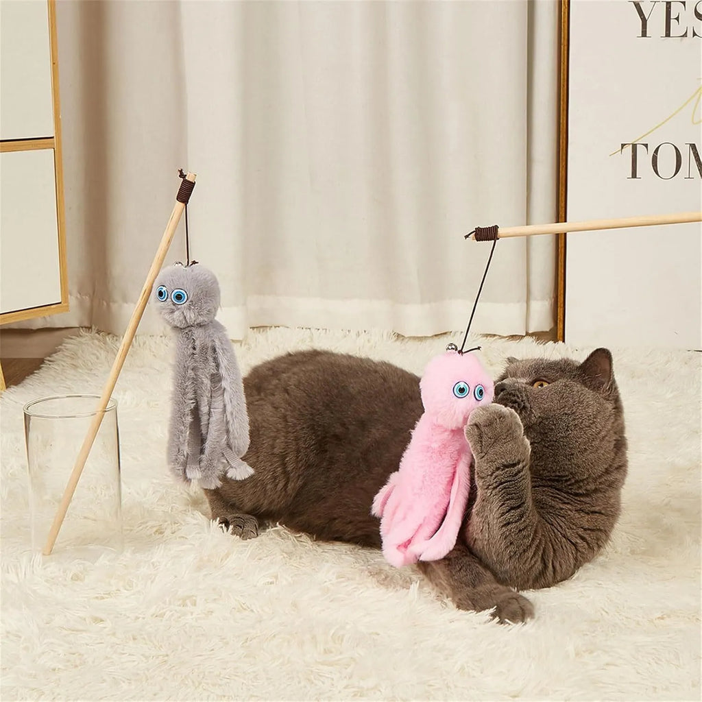 Colourful plush octopus cat toy attached to a long stick for interactive play.