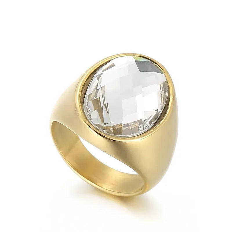 Retro titanium electroplated stainless steel geometric women's ring on white background