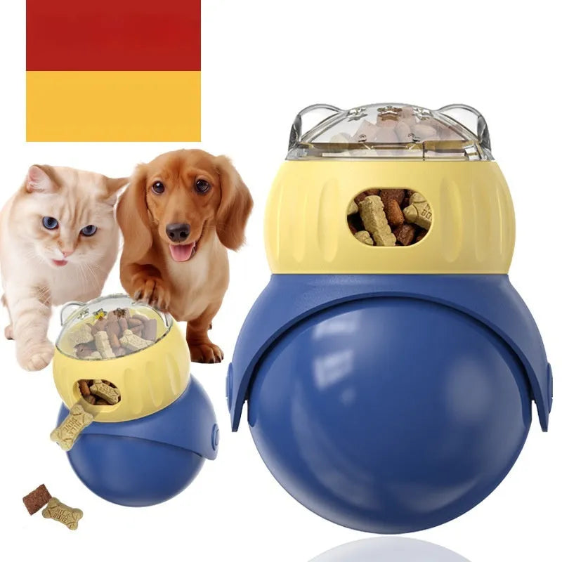 Yellow and blue owl-shaped plastic tumbler cat puzzle feeder toy on a plain background.
