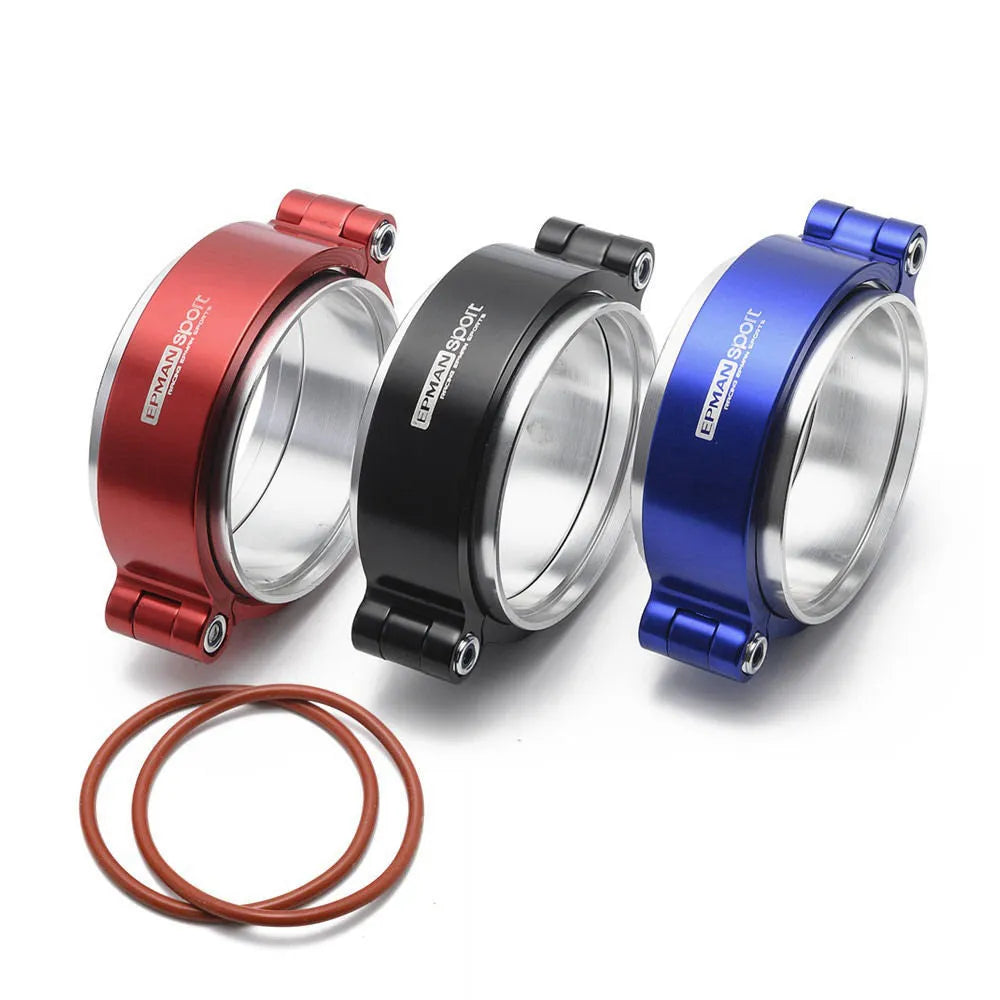 Aluminium fixed movement clamp for car exhaust modification in black, blue, or red.