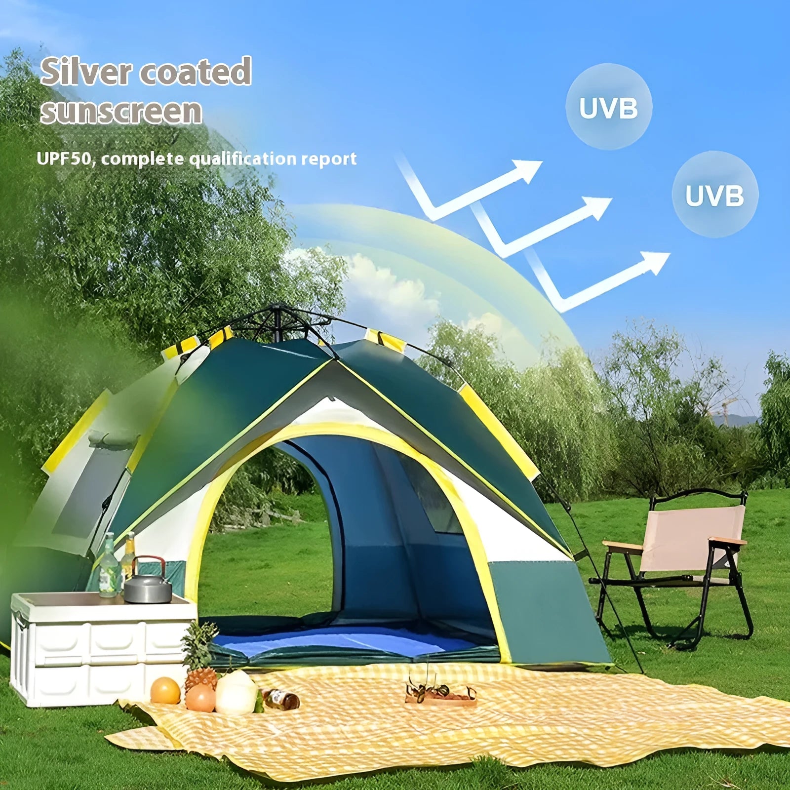 Dark green silver glue camping tent for 3-4 people with automatic quick-open design