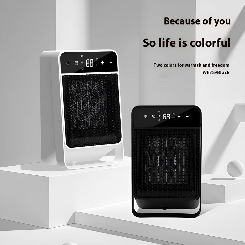 Black desktop electric heater with touch screen display and remote control on a wooden desk.