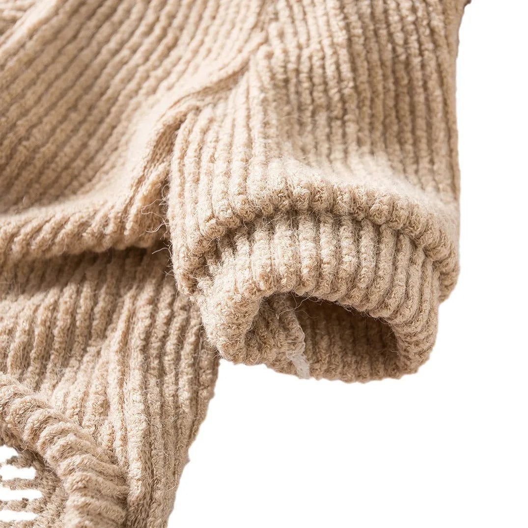 Brown knitted cloth pullover sweater on a small dog, showing casual style.