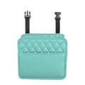 Black leather hanging storage bag for car interior, shown with dimensions