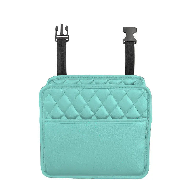 Black leather hanging storage bag for car interior, shown with dimensions