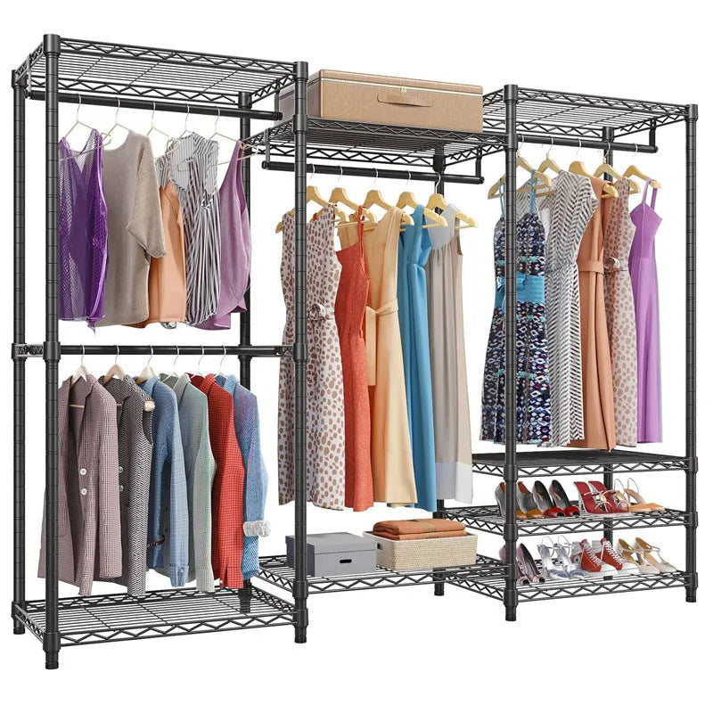 Black metal floor storage rack with carbon steel construction for hanging clothes and garments