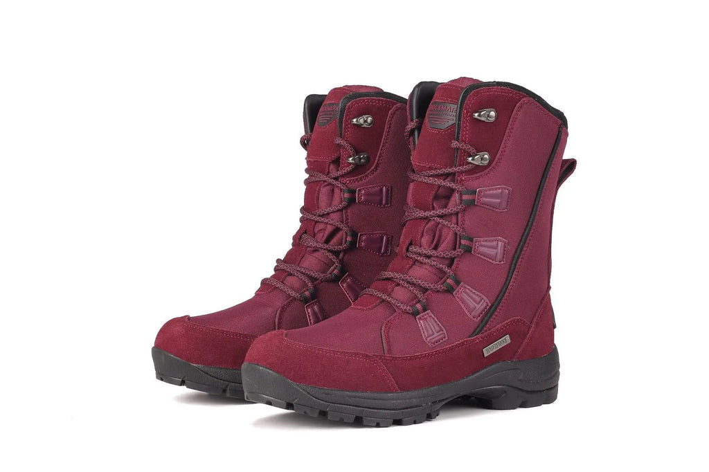 Women's black genuine leather mid-calf snow boots with round toe and thick rubber sole on a white background.