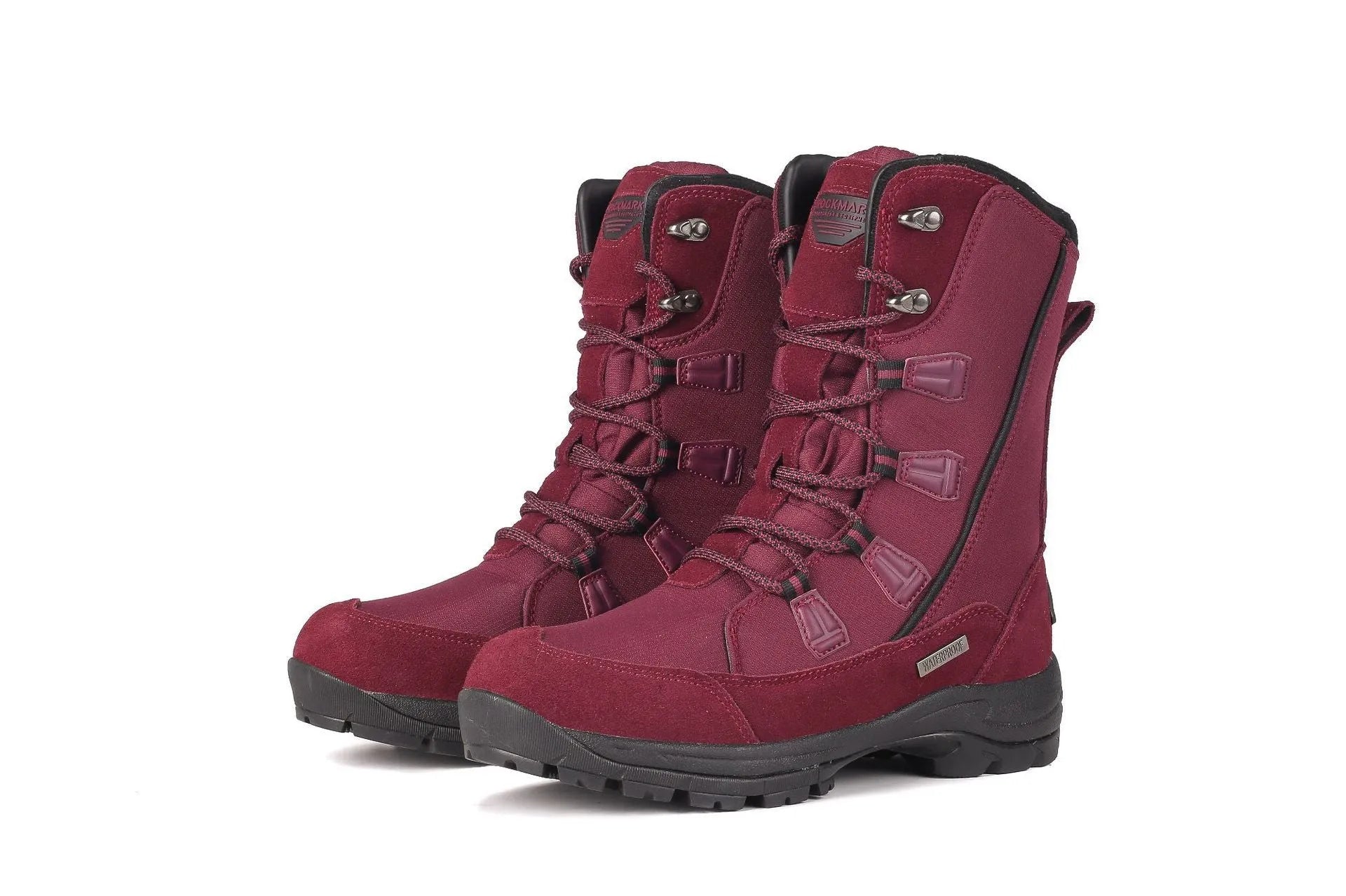 Women's black genuine leather mid-calf snow boots with round toe and thick rubber sole on a white background.