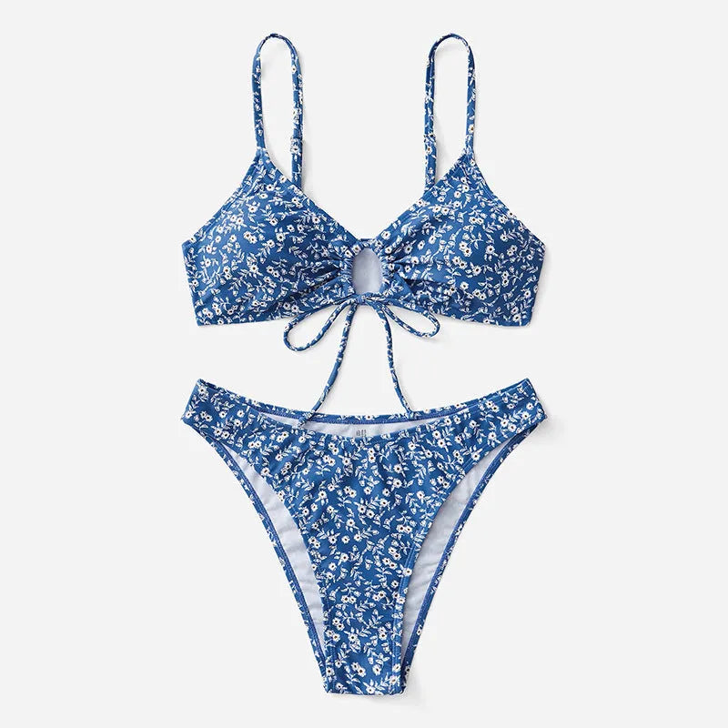 Blue women's three-piece swimsuit set without steel rings, shown with top and shorts.