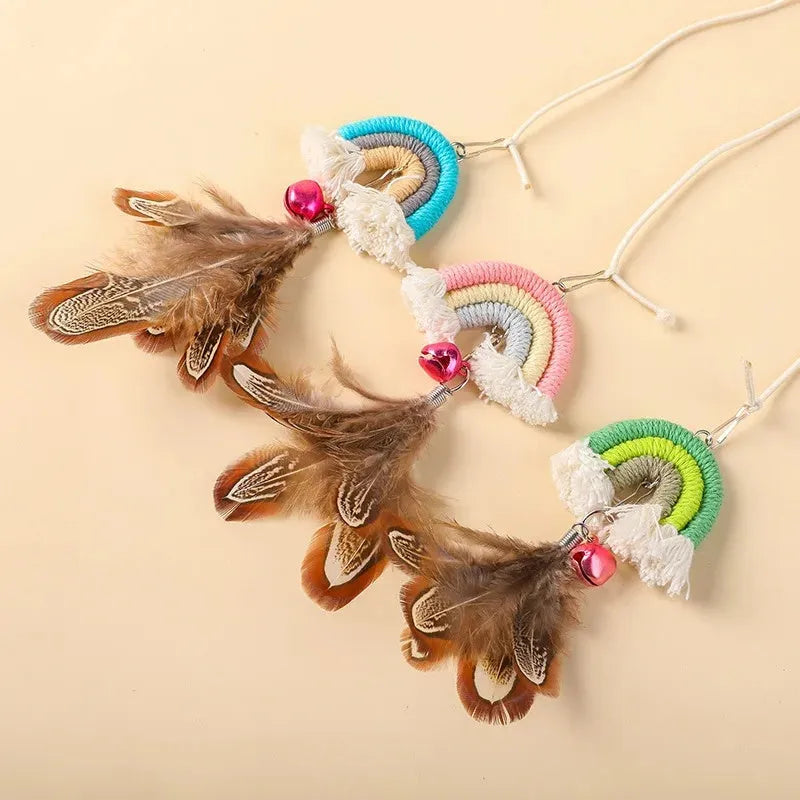 Feather cat rope door hanging toy with elastic swing and sticky buckle clamp in blue, green, or pink colours