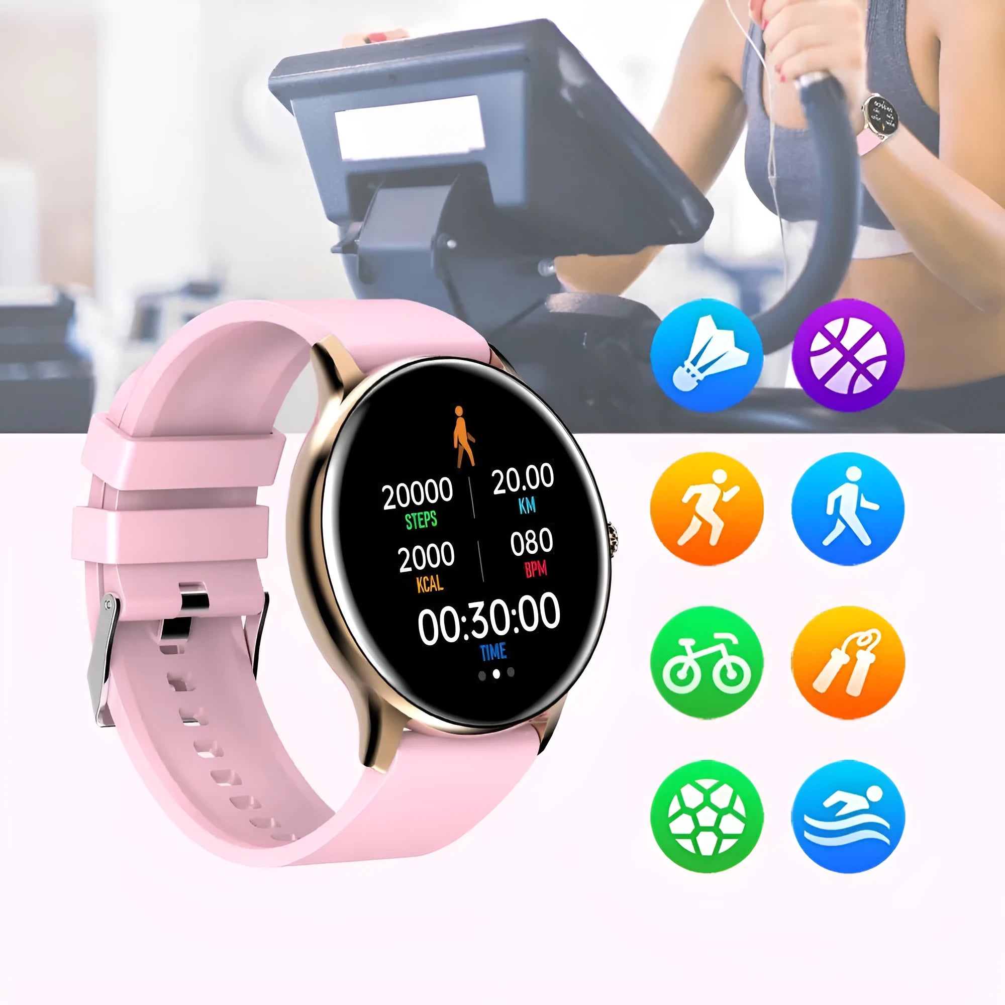 Black smartwatch with circular screen displaying health stats, on a silicone strap.