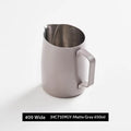 Stainless steel coffee latte art cup with round nozzle in matte gray, 650ML capacity, silk flower finish