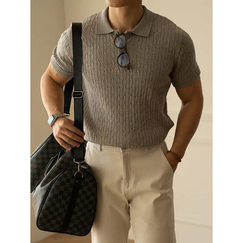 Men's khaki short sleeve top for business wear, showing front view on a model.