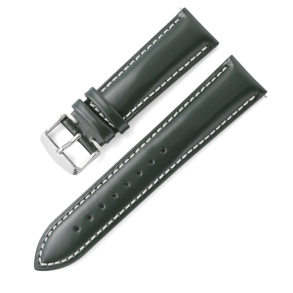 Quick release cowhide leather watch strap shown in dark brown with white contrast stitching
