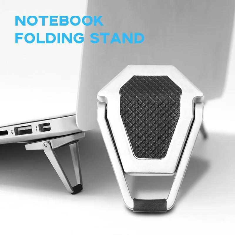 Folding aluminum alloy laptop bracket showing compact 4.8cm size with adhesive backing