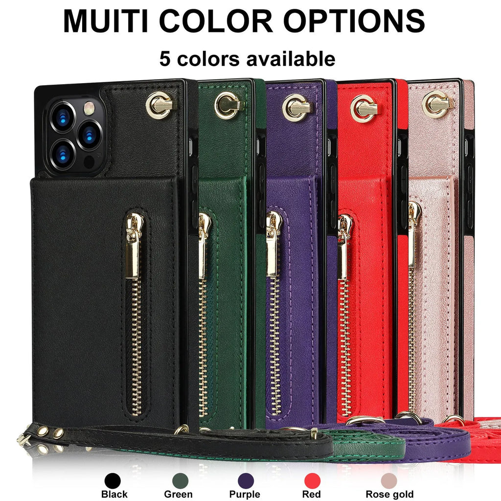 A simple black mobile phone case made from TPU and leather, shown next to purple and rose gold colour options.