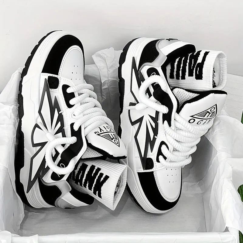 Men's thick bottom chunky sneakers with cartoon patterns in black, white, and blue colour options