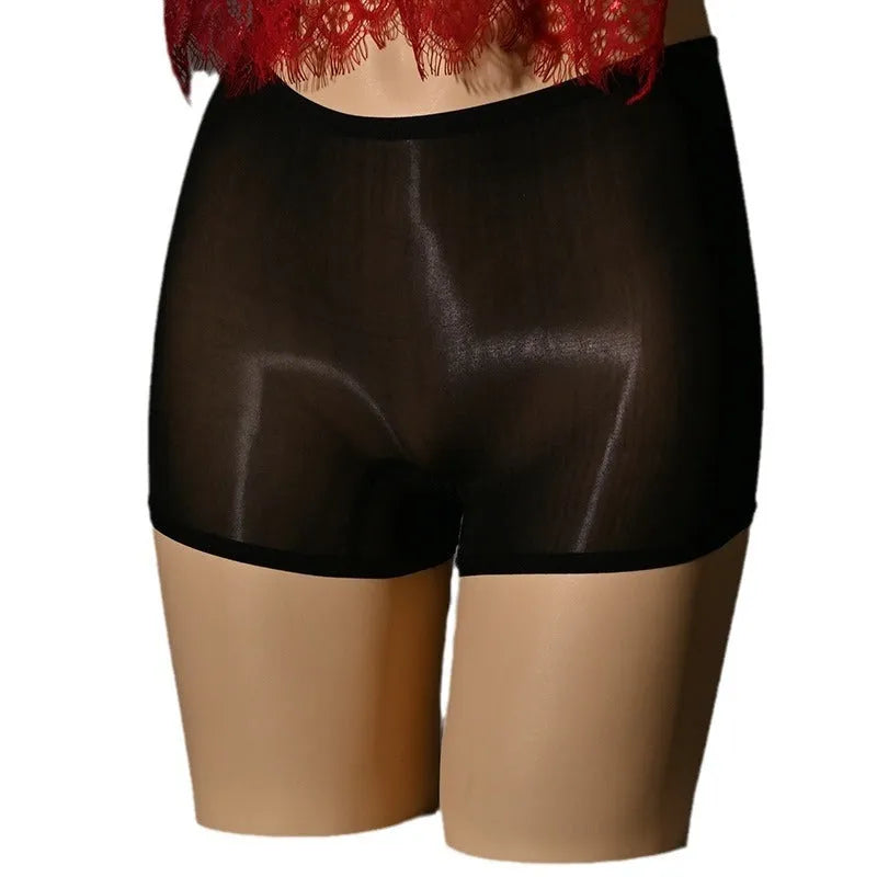 Shiny men's underwear stockings in multiple colours on a mid waist, showing seamless construction.