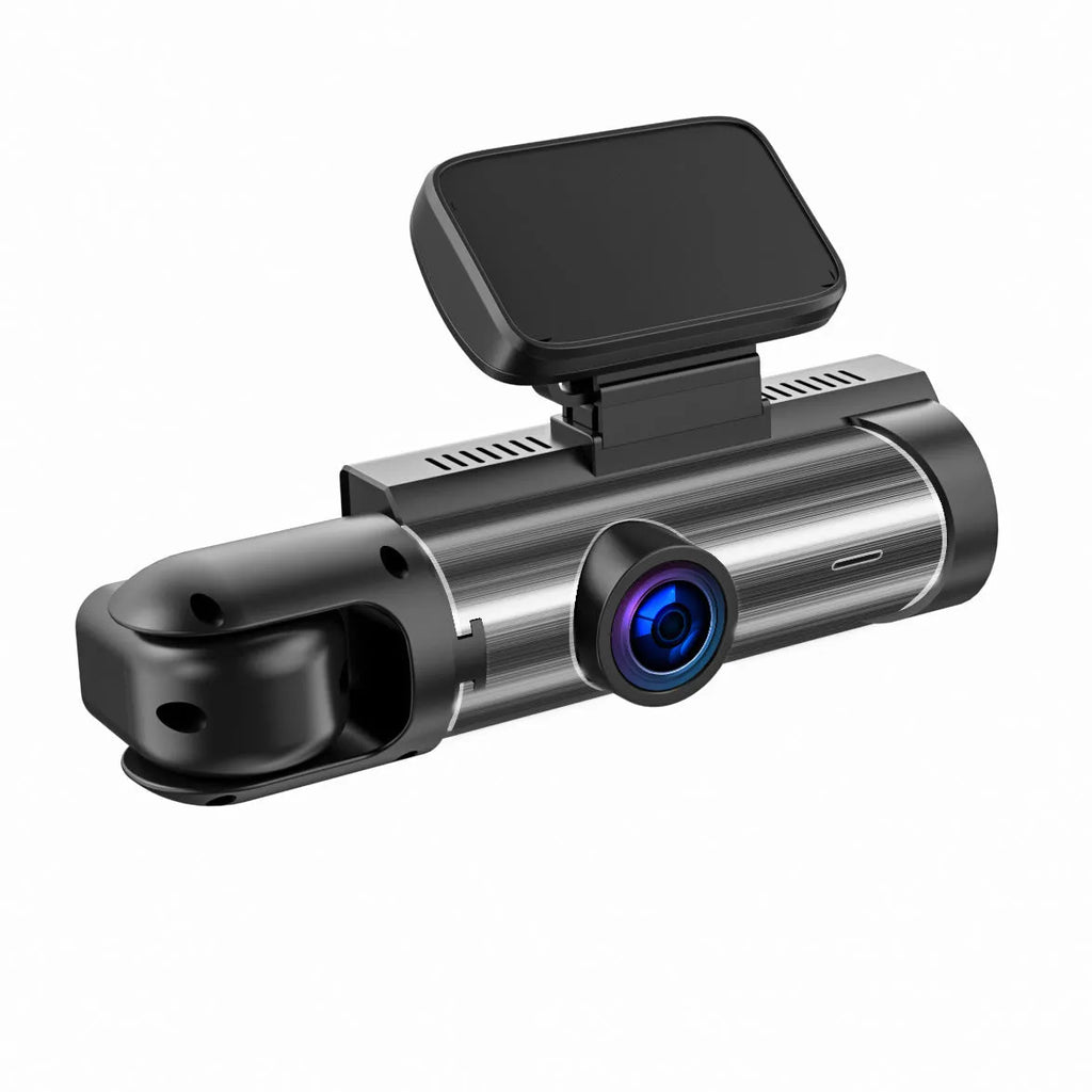 Dual-lens HD driving recorder with 3.5-inch LCD screen mounted on car windshield.