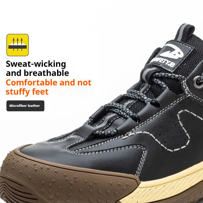 Flyknit leather work safety shoe with rubber sole in black, shown on a grey background