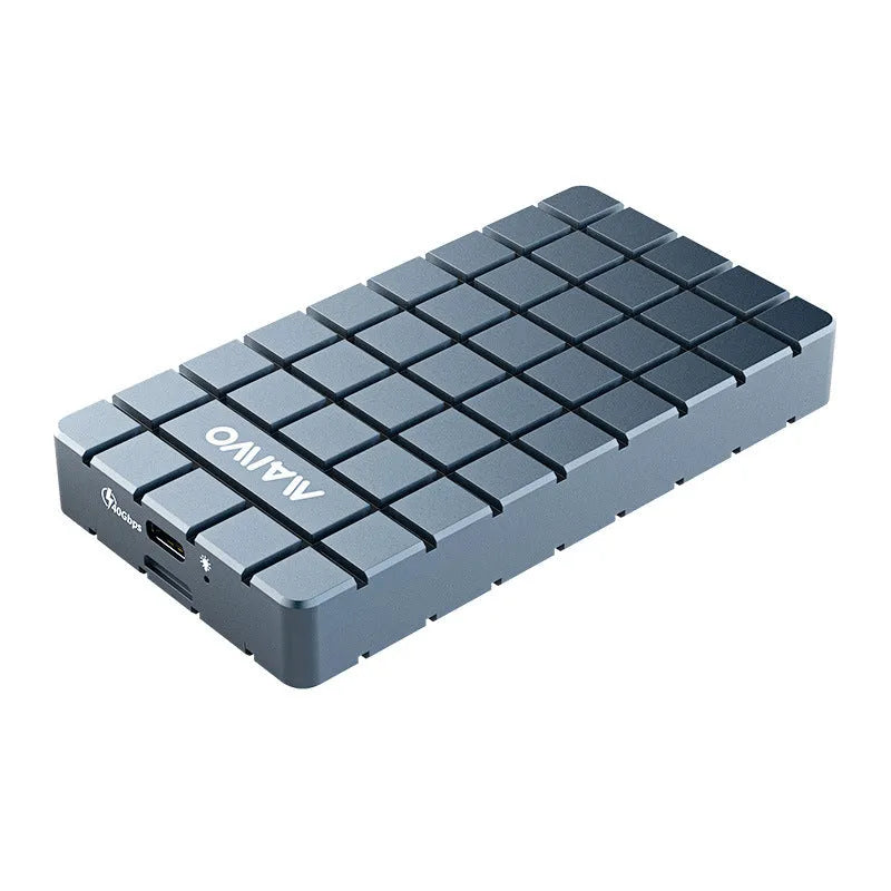 Silver aluminium USB4 hard disk enclosure for M.2 SSDs, measuring 118mm long, next to its packaging box.
