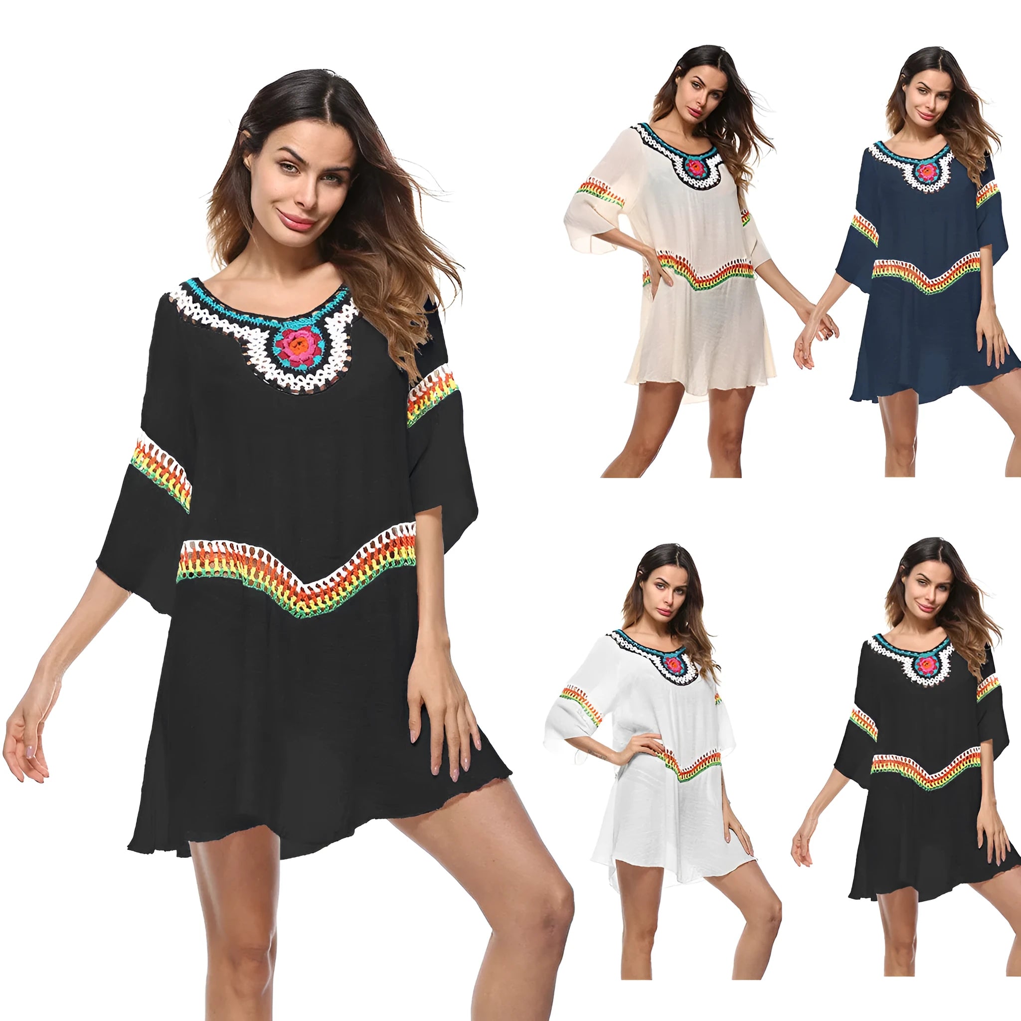 Women's crocheted ethnic style beach clothing set for swimming, shown in apricot colour.