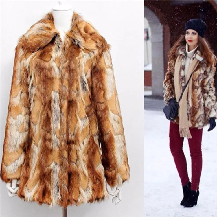 Women's slim-fit tiger print faux fur jacket with long sleeves and a medium length.