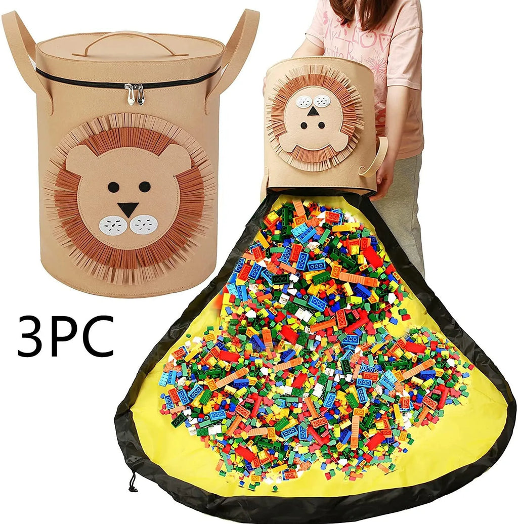 Green felt cube storage bag with pull rope, shown both as a flat play mat and gathered toy bag