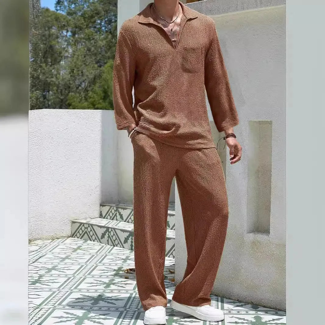 Men's casual polyester shirt and trousers set in lake blue colour
