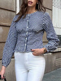 Women's retro casual round neck long sleeve plaid shirt in dark blue with spliced detailing