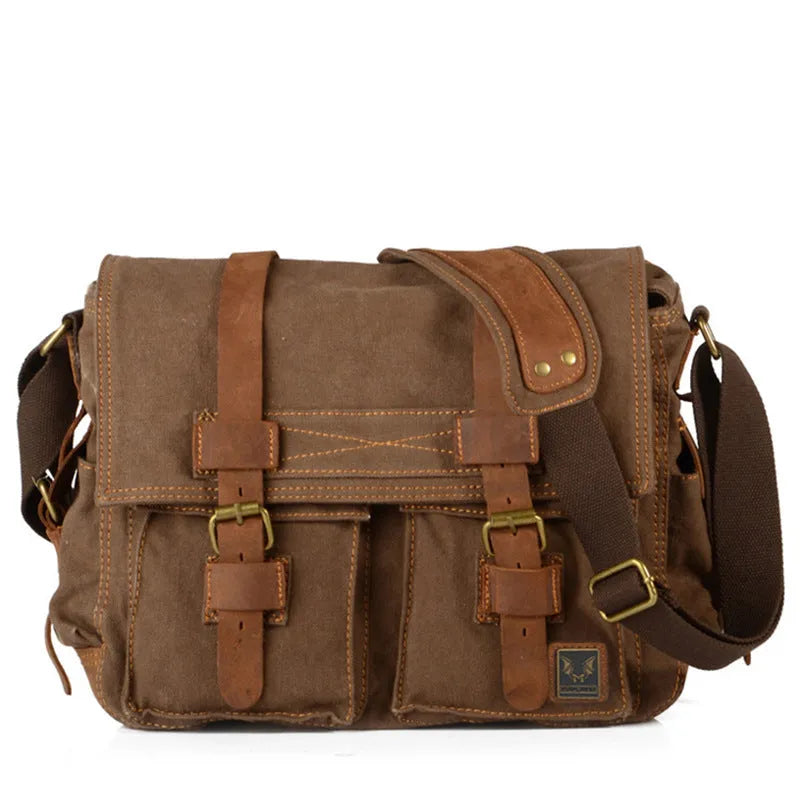 Army Green men's retro canvas crossbody shoulder bag with leather trim showing flap and internal organiser pockets.