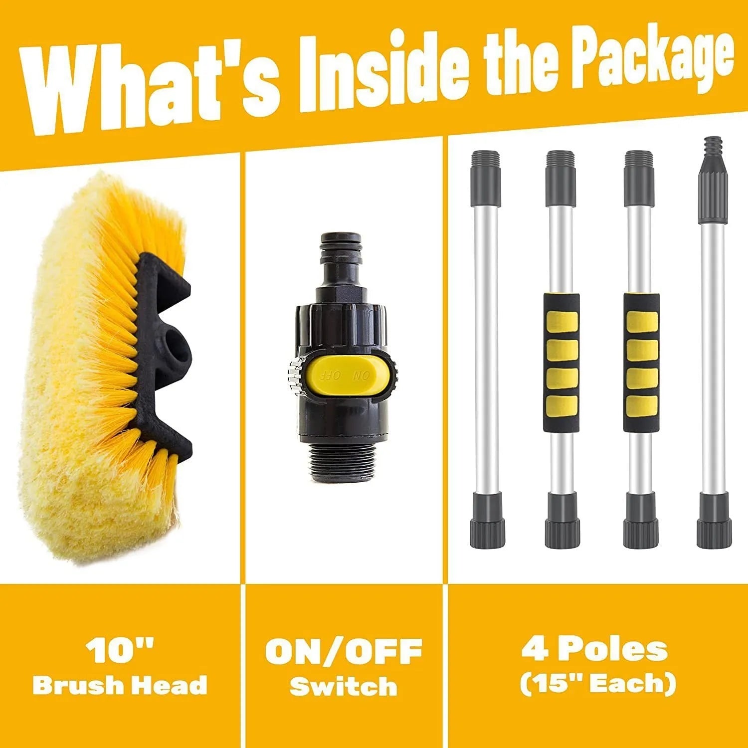 Yellow portable car wash brush with four-section removable rod and flow-through brush head design