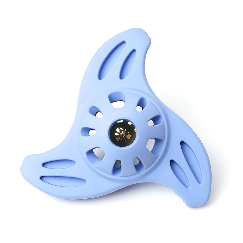 Blue durable dog chew toy shaped like a boomerang or molar for medium and large breed dogs.