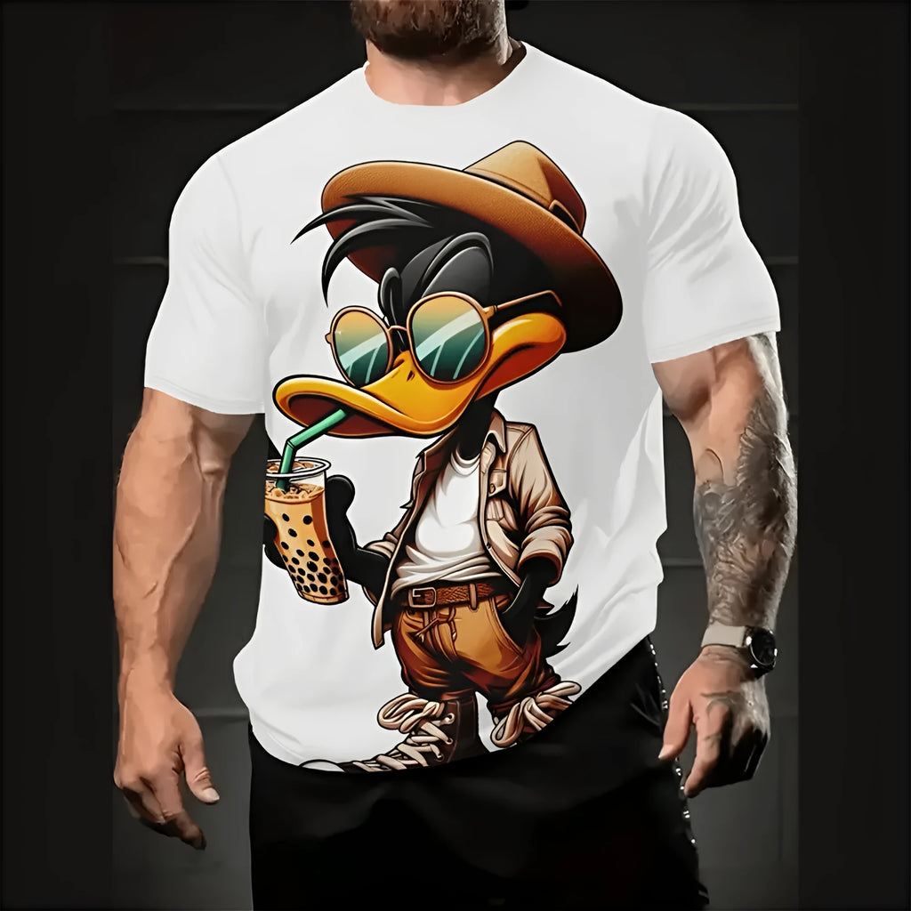 Men's 3D cartoon print linen blend short sleeve shirt in loose fit pullover style