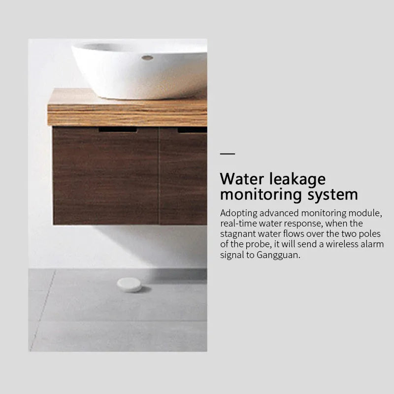 Small white Zigbee wireless water flood sensor on a surface