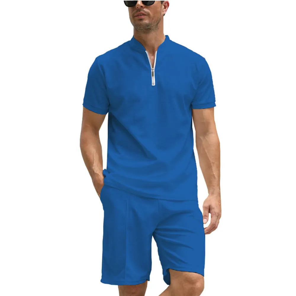 Men's solid colour polo shirt and matching trousers two-piece set in beaded bird's eye fabric