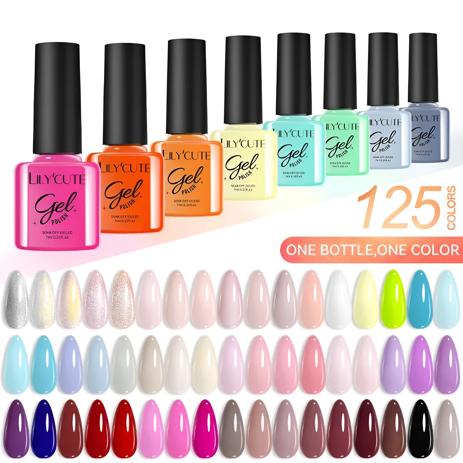 Set of 20 bottles of UV gel nail polish in various solid, glitter, and sequin colours.