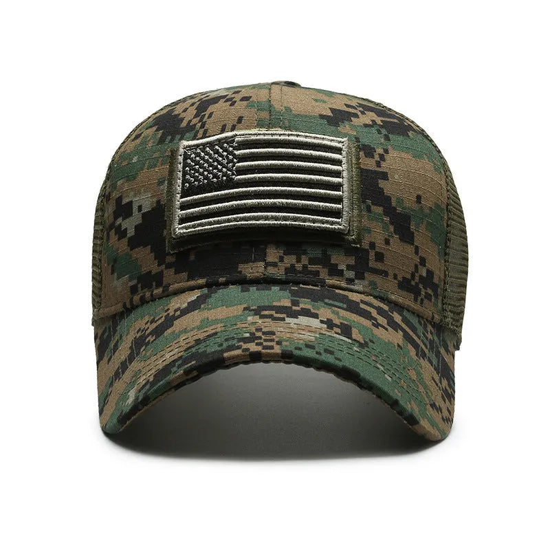 Tactical camouflage baseball cap with machine embroidery, adjustable Velcro back, and dome crown design