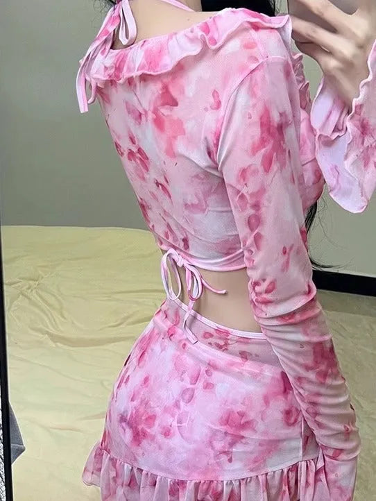 Women's floral swimsuit bikini set in cherry blossom pink with polyester fabric
